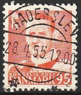 FRIMÆRKER DANMARK | 1952-53 - AFA 343 - Fr. IX 95 øre orangerød - Lux Stemplet Haderslev